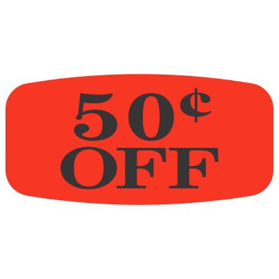 Label - 50¢ Off Black On Red Short Oval 1000/Roll