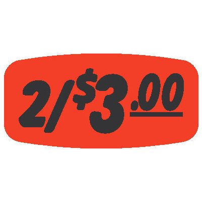 Label - 2/$3.00 Black On Red Short Oval 1000/Roll