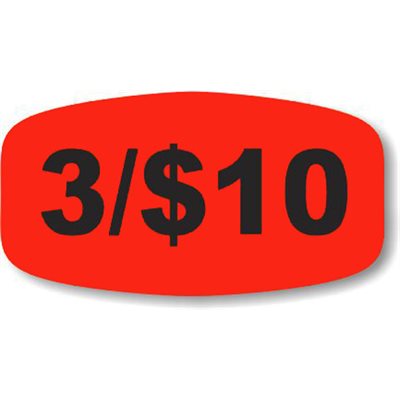 Label - 3/$10 Black On Red Short Oval 1000/Roll