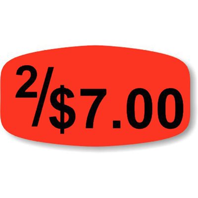 Label - 2/$7.00 Black On Red Short Oval 1000/Roll