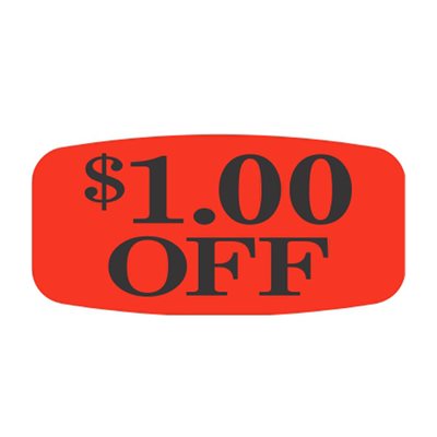 Label - $1.00 Off Black On Red Short Oval 1000/Roll
