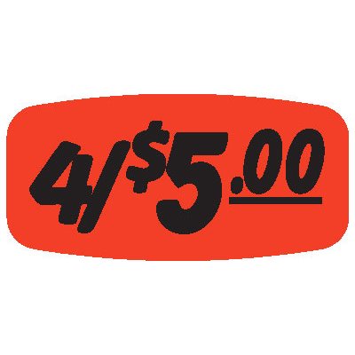 Label - 4/$5.00 Black On Red Short Oval 1000/Roll