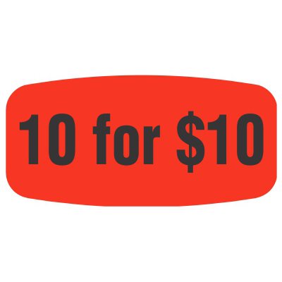 Label - 10 For $10.00 Black On Red Short Oval 1000/Roll