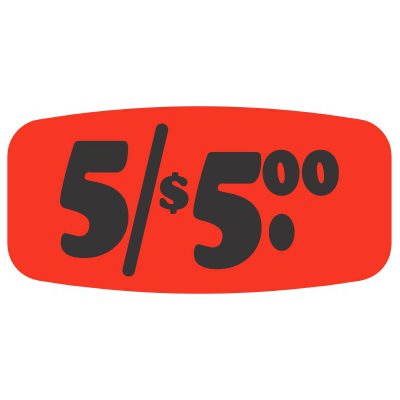 Label - 5/$5.00 Black On Red Short Oval 1000/Roll