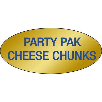 Label - Party Pak Cheese Chucks Blue On Gold 0.875x1.9 In. Oval 500/Roll