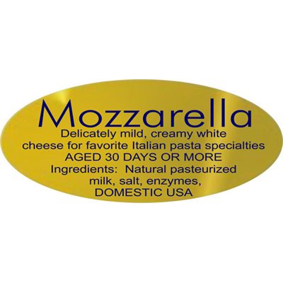 Label - Mozzarella Aged 30 Days Blue On Gold 0.875x1.9 In. Oval 500/Roll