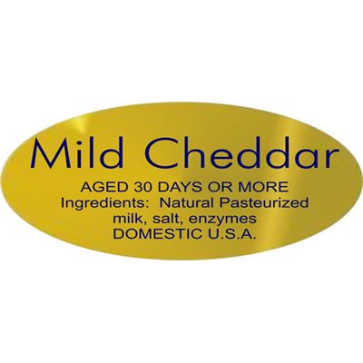 Label - Mild Cheddar W/ing Blue On Gold 0.875x1.9 In. Oval 500/Roll