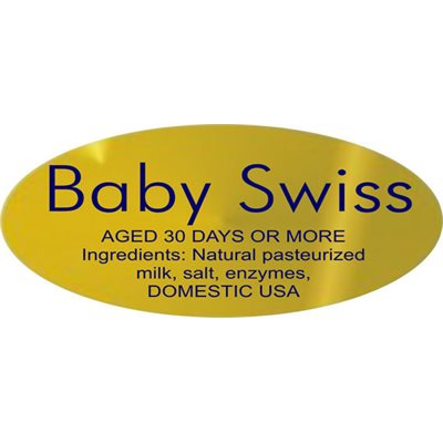 Label - Baby Swiss W/ing Blue On Gold 0.875x1.9 In. Oval 500/Roll