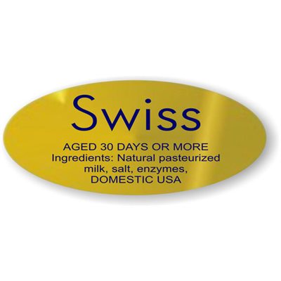 Label - Swiss (Domestic) Blue On Gold 0.875x1.9 In. Oval 500/Roll