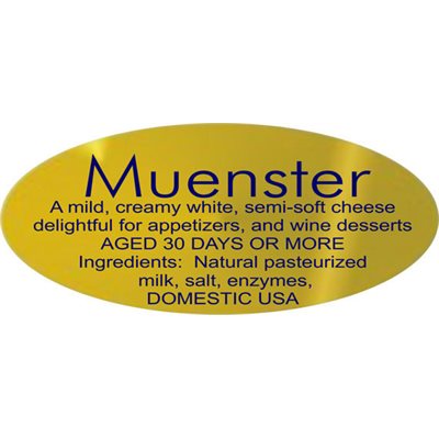 Label - Muenster W/ing Blue On Gold 0.875x1.9 In. Oval 500/Roll