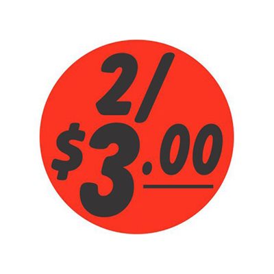 Label - 2/$3.00 Black On Red 1.5 In. Circle 1M/Roll