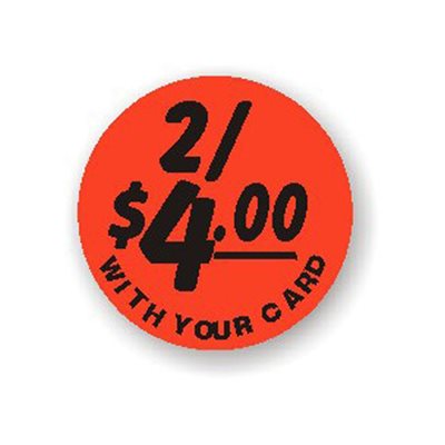 Label - 2/$4.00 With Your Card Black On Red 1.25 In. Circle 1M/Roll