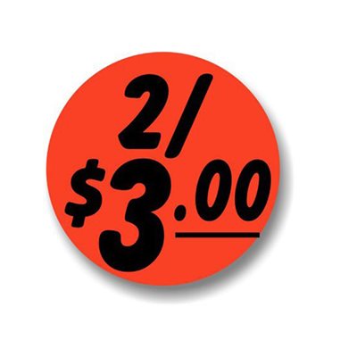 Label - 2/$3.00 Black On Red 1.25 In. Circle 1M/Roll
