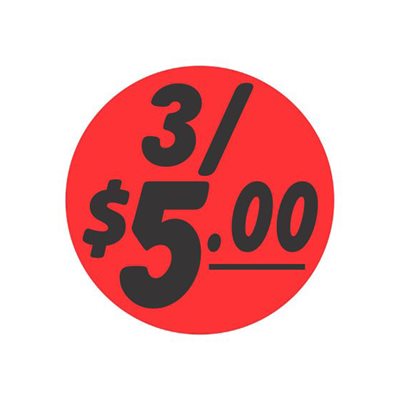 Label - 3/$5.00 Black On Red 1.25 In. Circle 1M/Roll