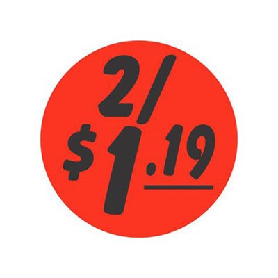 Label - 2/$1.19 Black On Red 1.25 In. Circle 1M/Roll