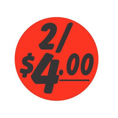 Label - 2/$4.00 Black On Red 1.5 In. Circle 1M/Roll