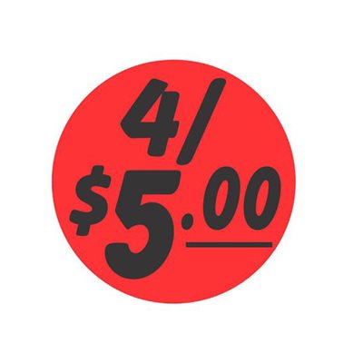 Label - 4/$5.00 Black On Red 1.25 In. Circle 1M/Roll