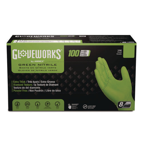 GloveWorks By AMMEX Heavy-duty Industrial Nitrile Gloves Powder-free 8 Mil Medium Green 100 Gloves/box 10 Boxes/Case