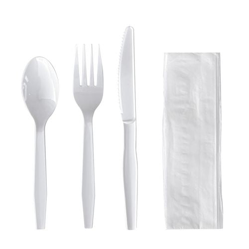 Boardwalk Four-piece Cutlery Kit Fork/knife/napkin/teaspoon Mediumweight Polystyrene White 250/Case