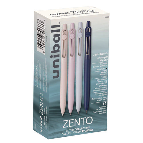 Uniball Zento Gel Pen Retractable Medium 0.7 Mm Black Ink Coastal/fog/ivory/lavender Barrel Colors Dozen