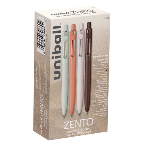 Uniball Zento Gel Pen Retractable Medium 0.7 Mm Black Ink Adobe/linen/mist/umber Barrel Colors Dozen