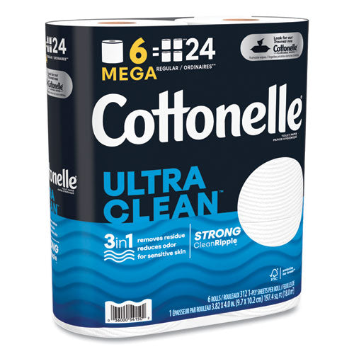 Cottonelle Ultra Cleancare Toilet Paper Strong Tissue Mega Rolls Septic Safe 1-ply White 284/roll 6 Rolls/pack 36 Rolls/Case