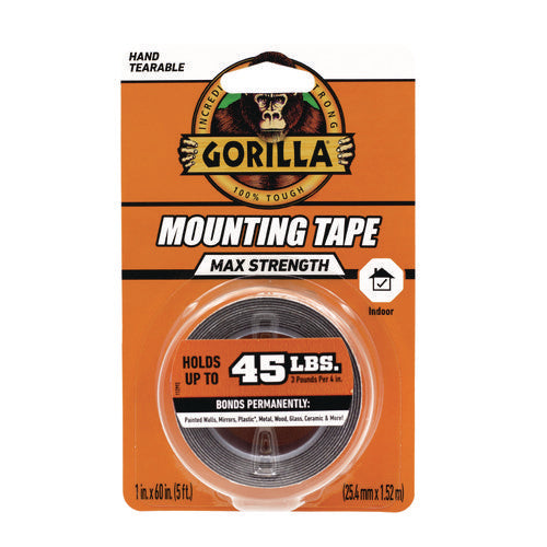 Gorilla Max Strength Mounting Tape Permanent Holds Up To 45 Lb (3 Lbs Per 4 In) 1x60 Black