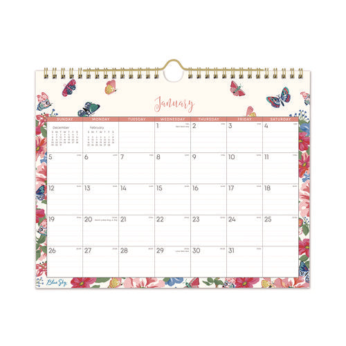 Blue Sky Fly By Monthly Wall Calendar Butterflies Artwork 11"x8.75" Cream/pink/blue Sheets 12-month (jan To Dec): 2025