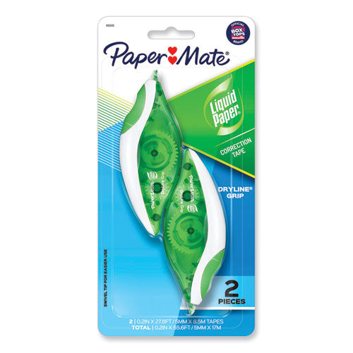 Paper Mate Liquid Paper Dryline Grip Correction Tape Non-refillable Gray/green Applicator 0.2"x335" 2/pack
