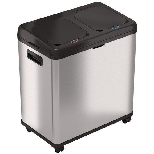 HLS Commercial Dual Compartment Sensor Recycle Bin And Trash Can With Wheels 16 Gal Plastic/stainless Steel Silver/black