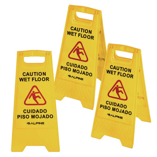 Alpine Industries Bilingual Caution Wet Floor Sign 11.8x0.7x24.6 Yellow 3/Case