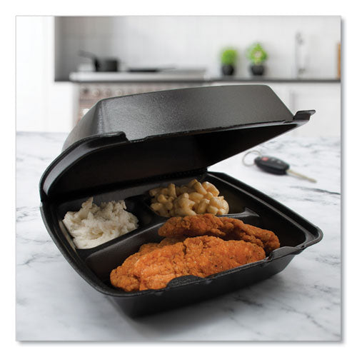 Dart Insulated Foam Hinged Lid Containers 3 Compartments 7.96x3.2x 8.36 Black Foam 200/Case