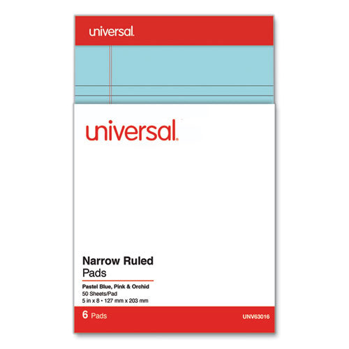 Universal Perforated Ruled Writing Pads Narrow Rule Red Headband 50 Assorted Pastels 5x8 Sheets 6/pack