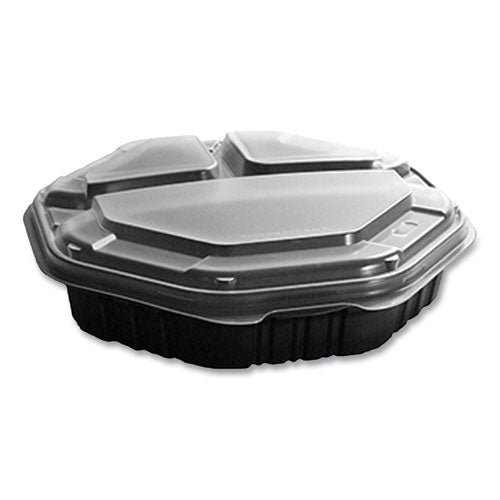 SOLO Octaview Hinged-lid Hot Food Containers 3-compartment 38 Oz 9.55x9.1x2.4 Black/clear Plastic 100/Case