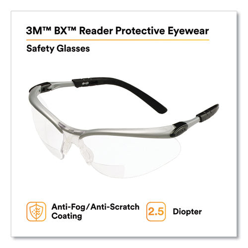 3M™ Bx Molded-in Diopter Safety Glasses +2.5 Diopter Strength Black/silver Plastic Frame Clear Polycarbonate Lens
