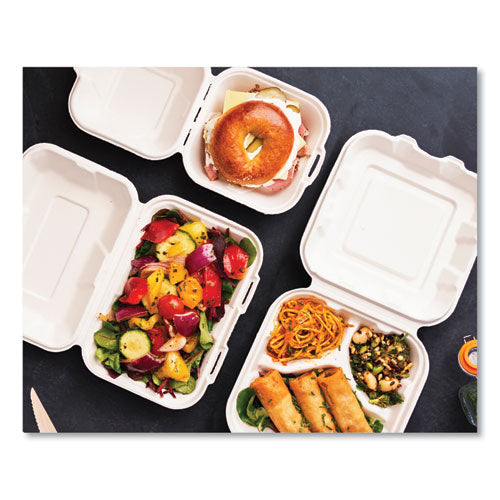 Vegware™ White Molded Fiber Clamshell Containers 3-compartment 8x17x2 White Sugarcane 200/Case