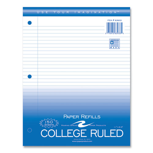 Roaring Spring Loose Leaf Paper 8.5x11 3-hole Punched College Rule White 150 Sheets/pack 24 Packs/Case