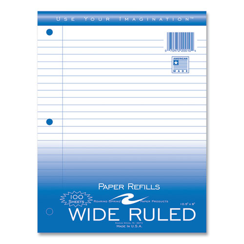 Roaring Spring Loose Leaf Paper 8x10.5 3-hole Punched Wide Rule White 100 Sheets/pack 48 Packs/Case
