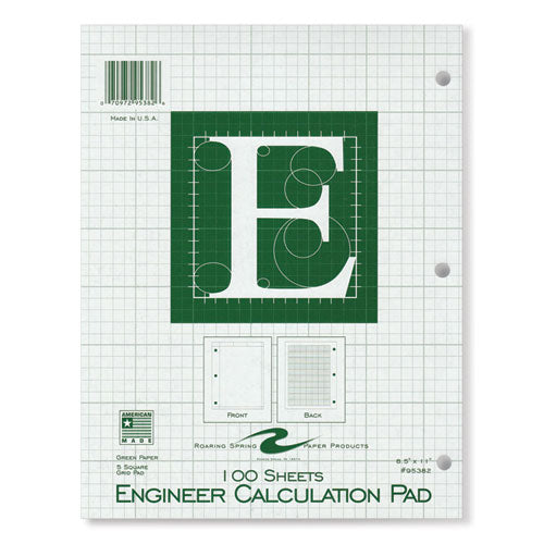 Roaring Spring Engineer Pad (0.5" Margins) Quad Rule (5 Sq/in 1 Sq/in) 100 Lt Green 8.5x11 Sheets/pad 24/ct