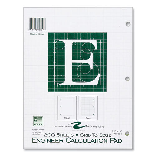 Roaring Spring Engineer Pad (1.25" Margin) Quad Rule (5 Sq/in 1 Sq/in) 200 Lt Green 8.5x11 Sheets/pad 12/ct