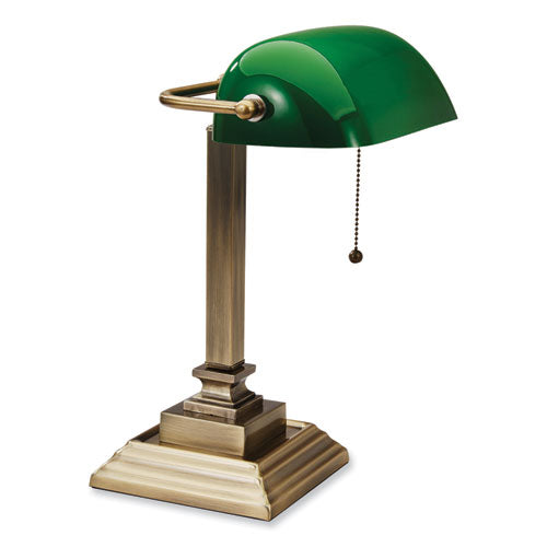 V-Light Led Banker's Lamp With Green Shade Usb Charging Port Candlestick Neck 15" High Antique Brass