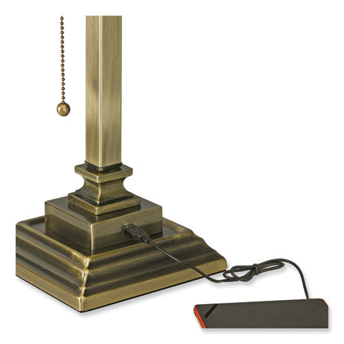 V-Light Led Banker's Lamp With Green Shade Usb Charging Port Candlestick Neck 15" High Antique Brass