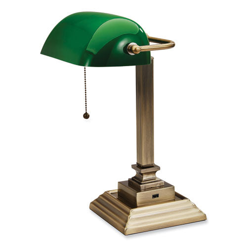 V-Light Led Banker's Lamp With Green Shade Usb Charging Port Candlestick Neck 15" High Antique Brass