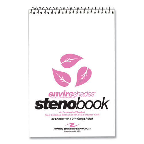 Roaring Spring Enviroshades Steno Pad Gregg Rule White Cover 80 Pink 6x9 Sheets 24 Pads/Case