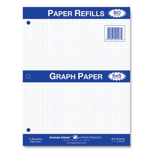 Roaring Spring Graph Filler Paper 3-hole 8.5x11 Quadrille: 5 Sq/in 80 Sheets/pack 24 Packs/Case