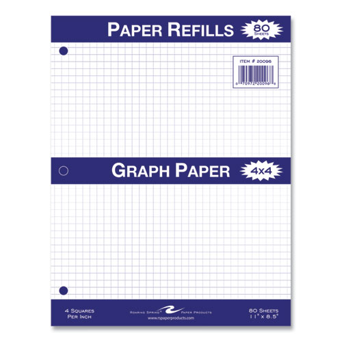 Roaring Spring Graph Filler Paper 3-hole 8.5x11 Quadrille: 4 Sq/in 80 Sheets/pack 24 Packs/Case