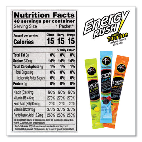 4C Energy Rush Sugar Free Drink Mix With Taurine Variety Pack Assorted 0.28 Oz Packet 40/Case