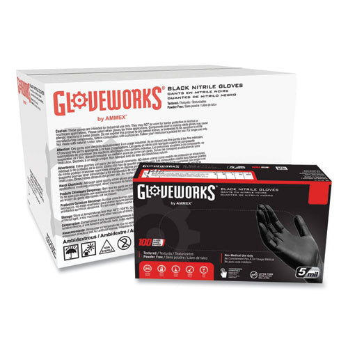 GloveWorks By AMMEX Industrial Nitrile Gloves Powder-free 5 Mil Large Black 100 Gloves/box 10 Boxes/Case