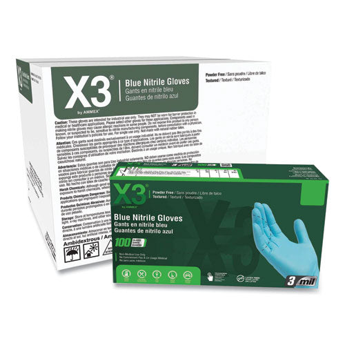 X3 By AMMEX Industrial Nitrile Gloves Powder-free 3 Mil Medium Blue 100/box 10 Boxes/Case