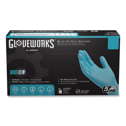 GloveWorks By AMMEX Industrial Nitrile Gloves Powder-free 5 Mil Small Blue 100 Gloves/box 10 Boxes/Case
